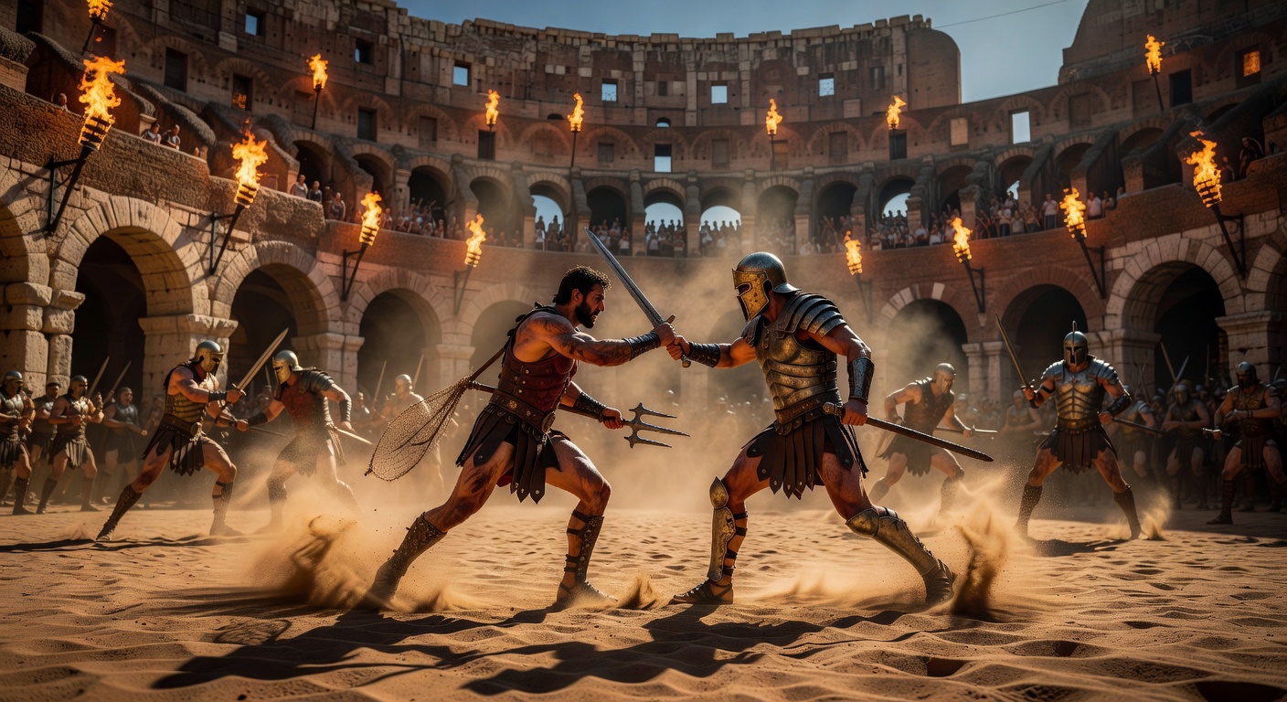 Ancient roman colosseum arena fire torches dramatic lighting gladiator battle sand dust cinematic ultra realistic 4k
