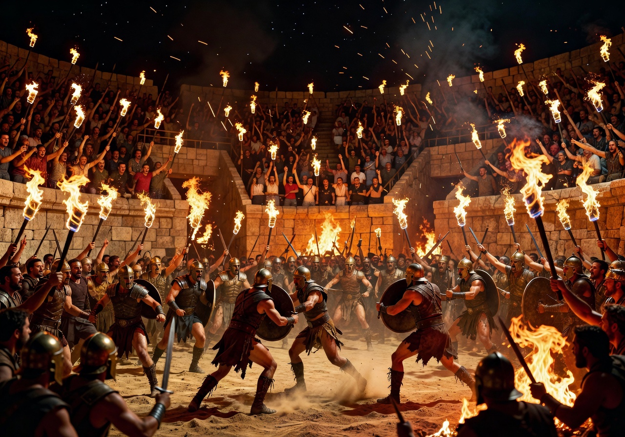 Arena crowd fire torches night battle