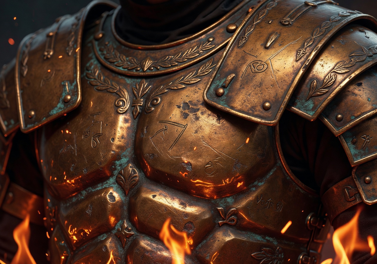 Gladiator armor close up bronze texture fire light