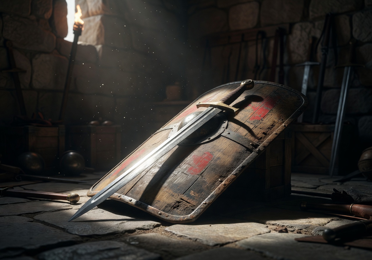 Roman sword shield dramatic lighting